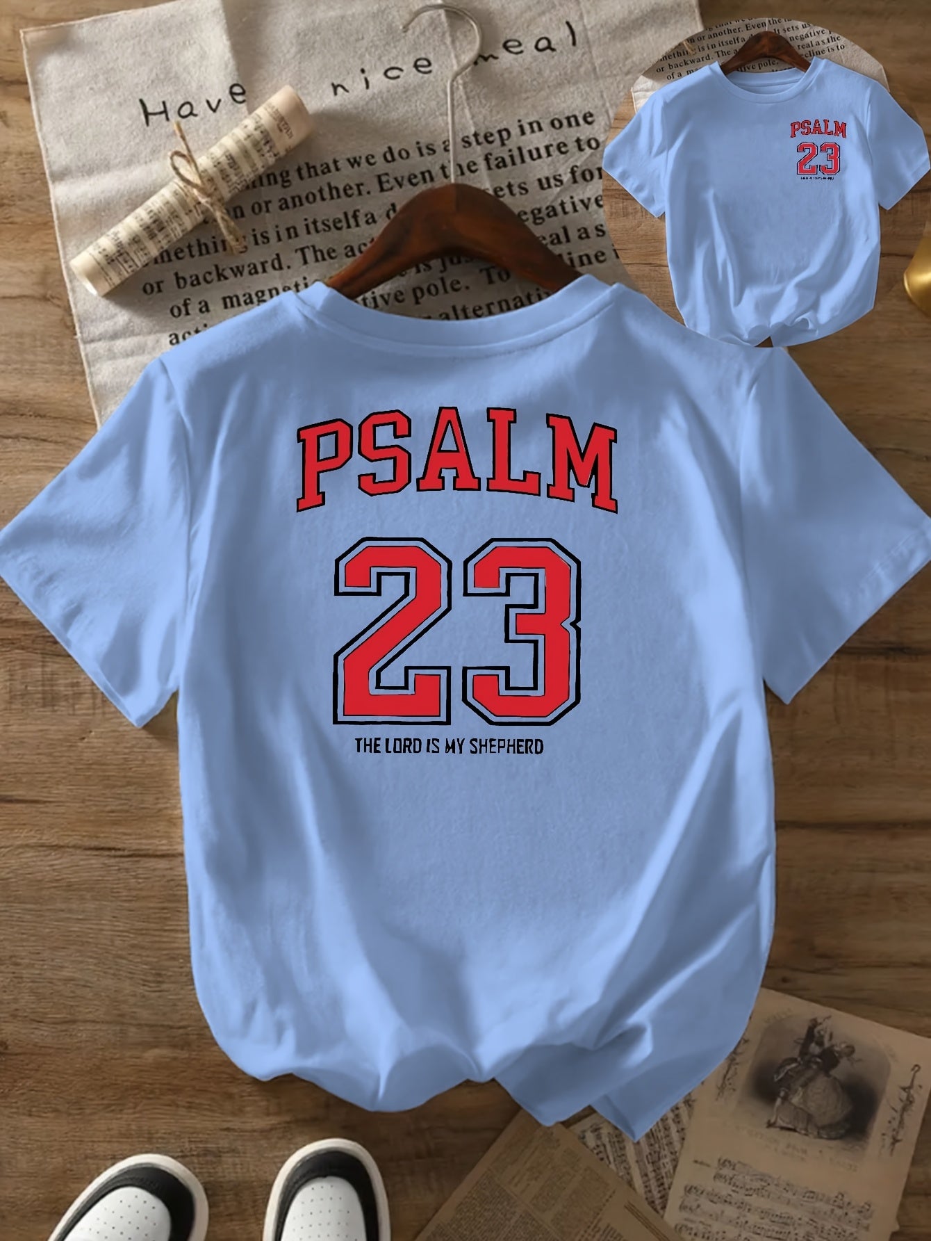 Black with Red Lettering Psalm 23:5 Print Women's Casual T-Shirt - Comfortable Crew Neck, Short Sleeve, Classic Summer Top for Casual Attire, Faith Inspired Apparel | Durable Casual wear, Ladies T Shirts