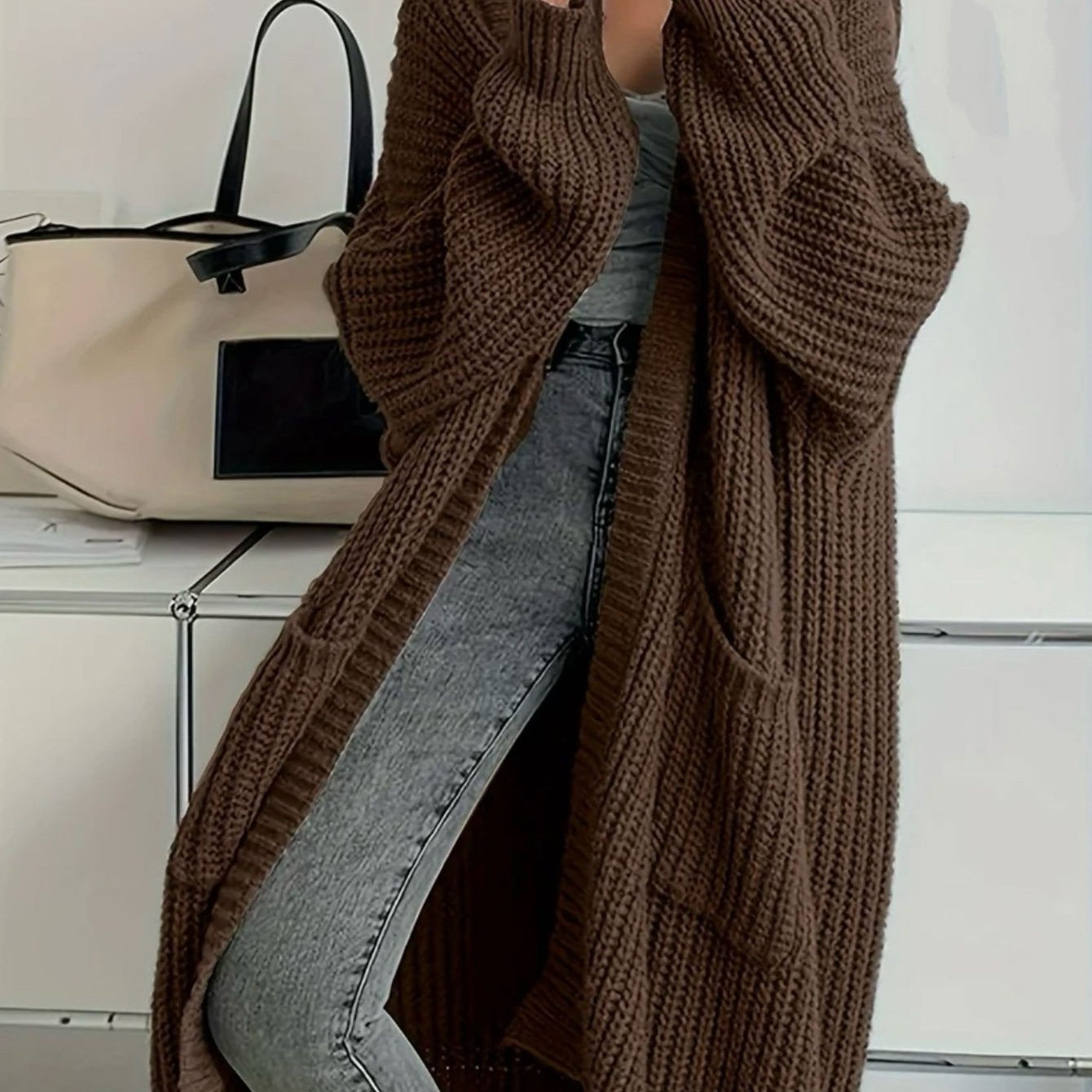 2025 Women'S Casual Long Sleeve Open Front Sweaters with Pockets in Plain Rib for Autumn, Long Cardigan For Women, Women'S Cardigan, Winter Clothe For Women, Fall Clothe For Women, Top For Women