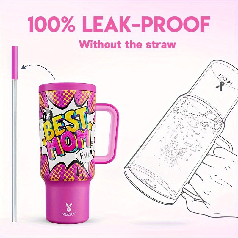 Meoky 1pc, Tumbler With Lid And Straw, 40oz Stainless Steel Insulated Water Bottle With Handle, Gift Drinking Cups, Keeps Cold For 34 Hours Or Hot For 10 Hours, Portable Suitable For Outdoor Camping, Hiking, Driving, And Car