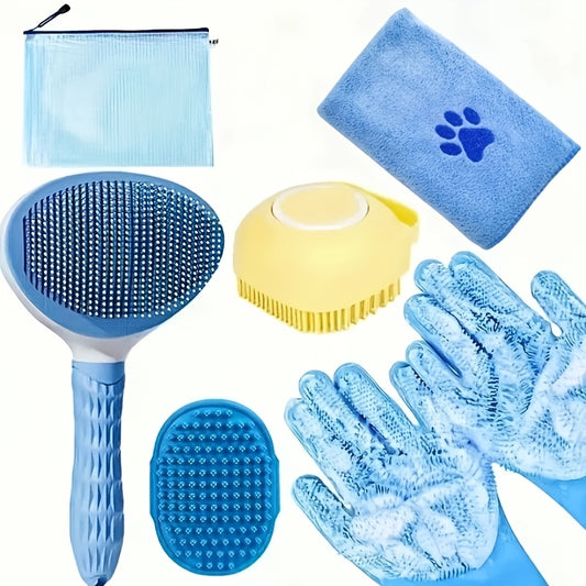 [6pcs Dog Grooming] 6pcs Essential Pet Care Dog Grooming Kit | Silicone Brush, Microfiber Towel, Washing Gloves, Shedding Tool | No Power Required for Shiny Coat