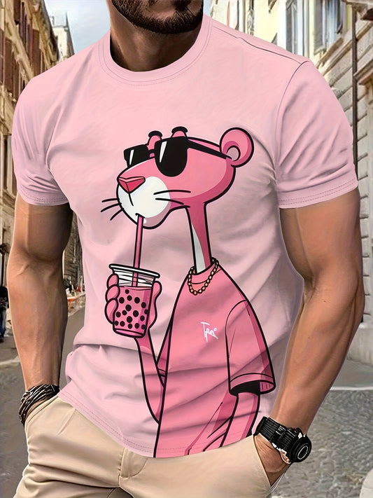 Men'S Casual Pink T-Shirt with Stylish Cat Graphic - Short Sleeve, Round Neck, Lightweight Summer Tee, Perfect for Casual Attire, Leisure Clothing | Trendy Casualwear | Lightweight Tee