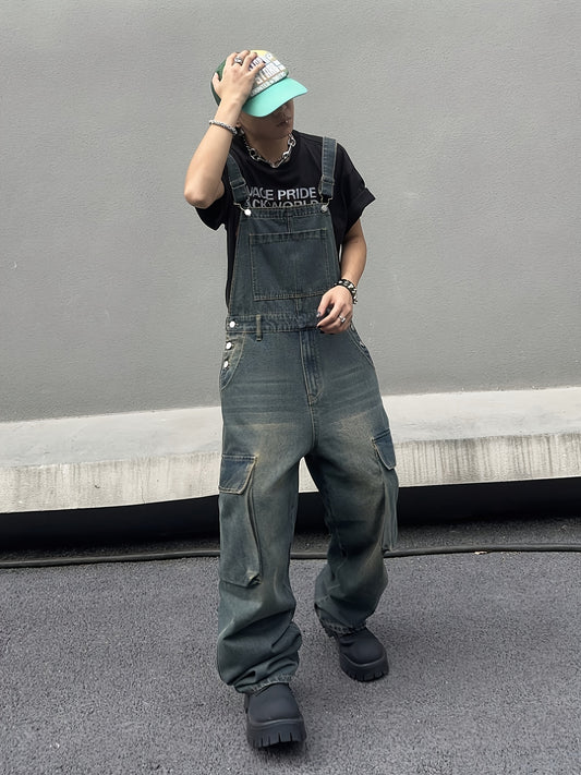 HME Men's Heavyweight Distressed Faux Denim Overalls Jumpsuit - Vintage Washed White with Large Functional Pockets, Loose Wide-Leg Fit, All-Season Casual Streetwear & Hip-Hop Style, Beltless Design with Buckle Closure, Machin
