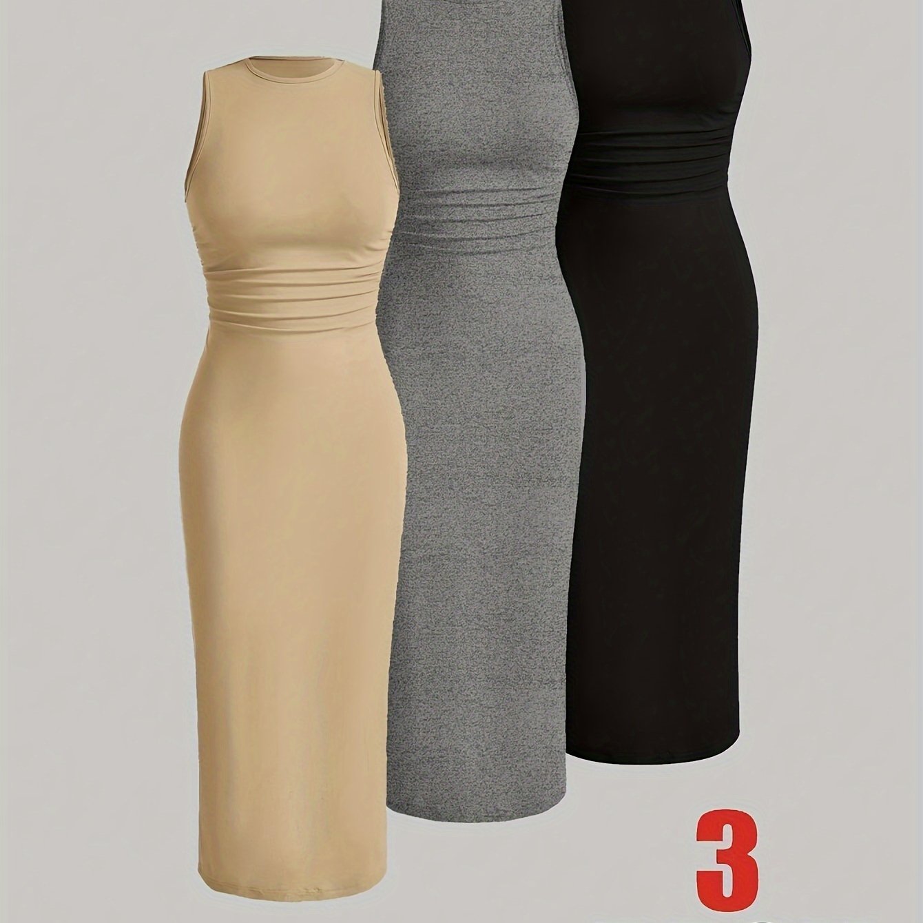 [Summer Bodycon Dress] Stretchy Bodycon Dress | Women's Summer 3 Colors (Beige/Black/Grey) - 95% Polyester 5% Elastane, Round Neck Semi-Sheer, Casual to Formal Wear, Machine Washable Spring Summer Fall Outfits