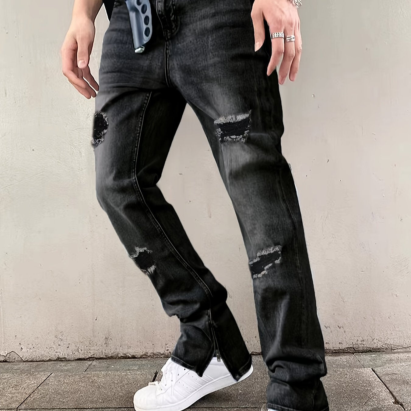 Men's Loose Straight Ripped Jeans - Men's Blue Stretch Micro Flared Pants, Leg Zipper, Washed Gradient Design, Mid to High Waist, Stylish Street Split, All-Season Jeans