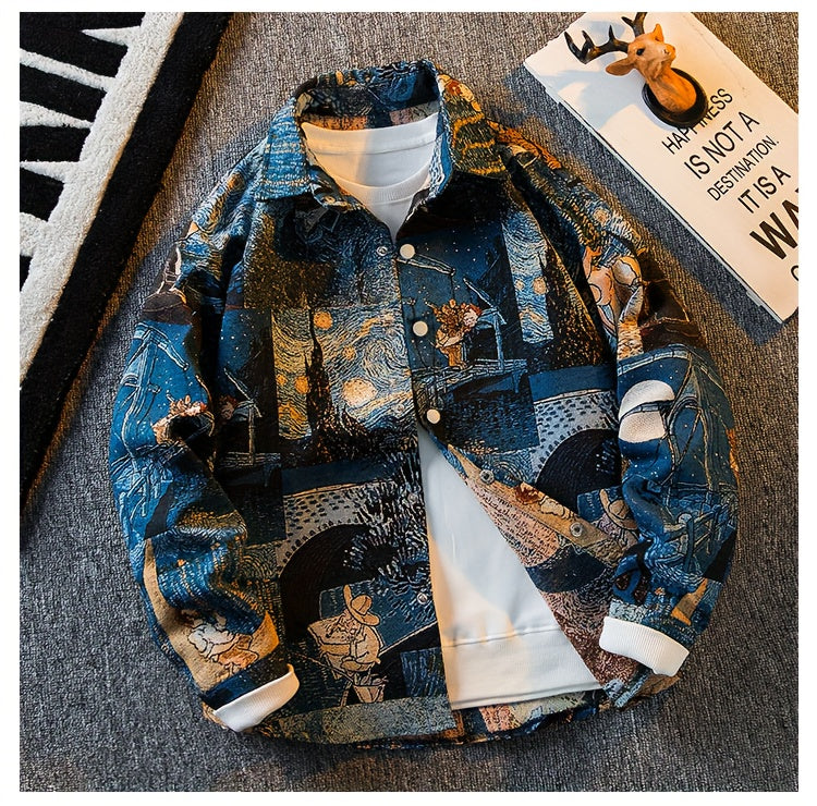 Men's slim-fit long-sleeve shirt - Van Gogh-inspired art buttons top, suitable for both formal and casual wear, machine washable polyester suit alternative - an ideal gift for art enthusiasts, street-style fashion outfit, ver