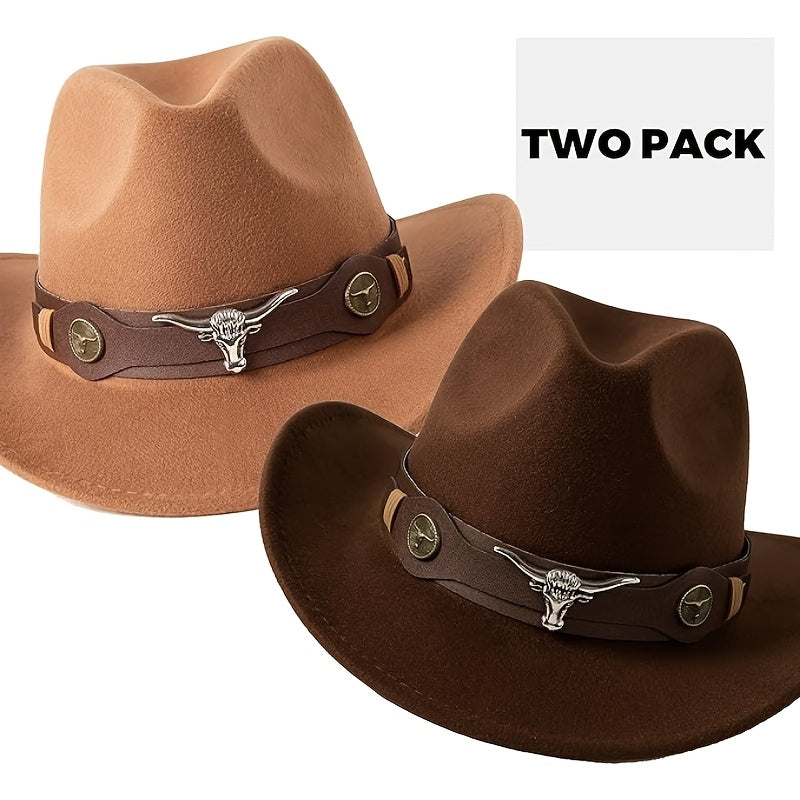 [2-Pack Western Cowboy Hats] 2-Pack Stylish Western Cowboy Hats, Beige & Brown, Unisex Polyester Felt Hats | Wide Brim Hat, Faux Leather & Bull Head Belt, Perfect for Western Themed Events, Costume Parties, and Outdoor Advent