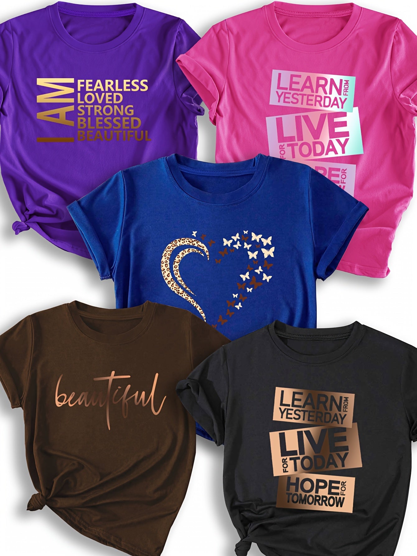 5pcs Women'S Casual Crew Neck T-Shirts - Short Sleeve, Polyester, All-Season, Round Neck, Short Sleeve Tee | Inspirational Print Tee | Comfortable Fit Tee