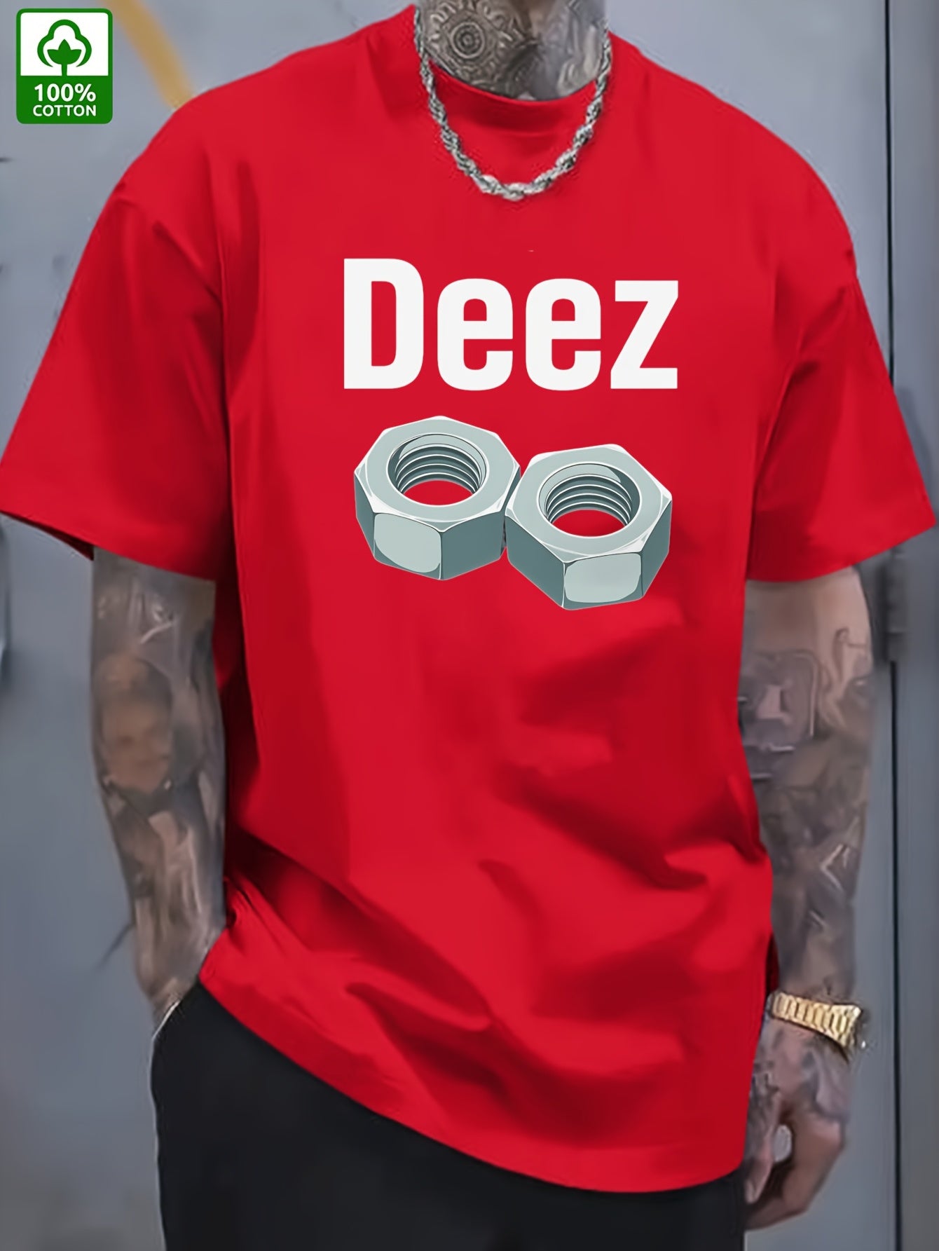 Men's Casual Loose Fit Round Neck T-Shirt - White Tee with Bold "Deez" Text & Nut Graphics, Machine Washable Streetwear Top for Everyday Comfort