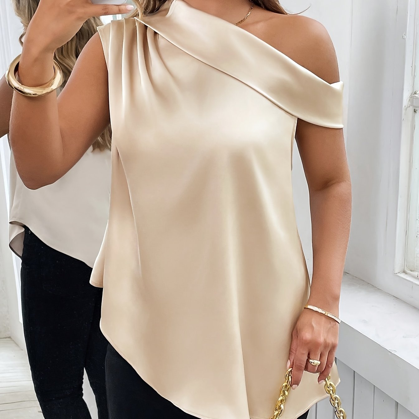 Elegant Off-Shoulder Blouse for Women - Chic Asymmetrical Neckline, Solid Color, All-Season Versatile Top, Perfect for Casual or Stylish Outfits, Versatile Fashion | Chic Off shoulder | Asymmetrical Neckline, Ladies Blouses