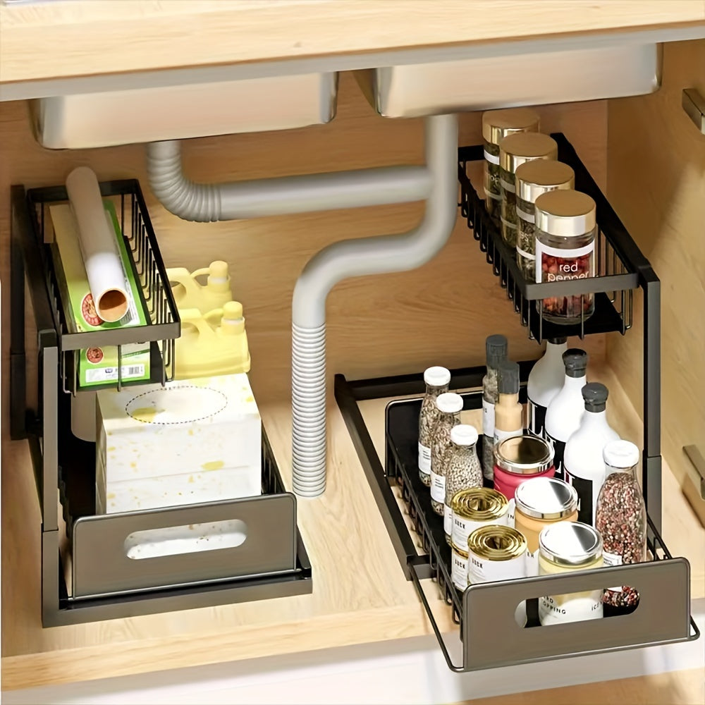 2 Tier Under Sink Organizers And Storage, Under Sink Organizer, Slide Out Pull Out Cabinet Organizer Shelf, Metal Sliding Drawer For Kitchen Bathroom Pantry Cabinet Closet Organization Rack