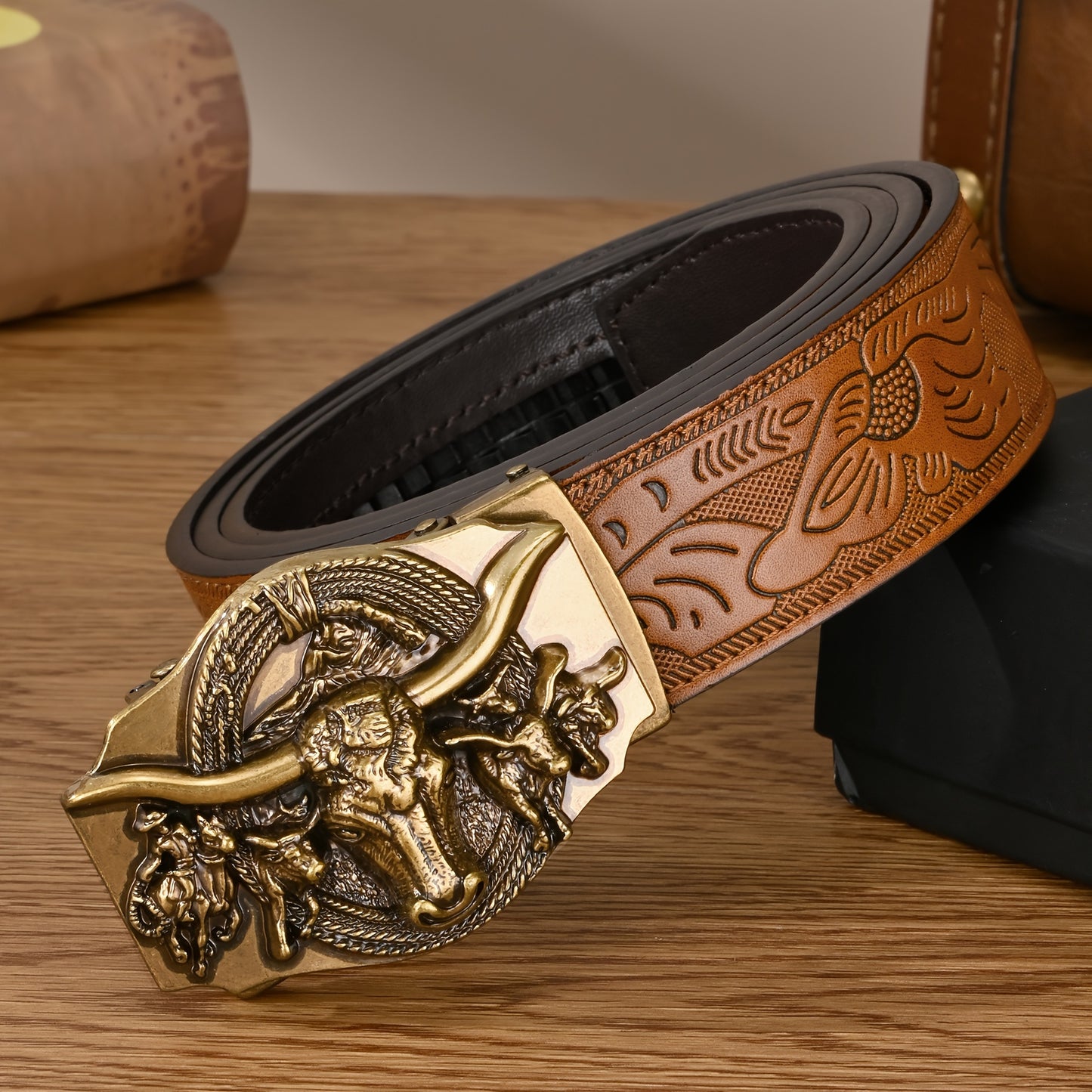 [Slide Ratchet PU Leather Belt] LCG LUCHENGYI, Slide Ratchet Belt With PU Leather Belt For Men, Ratchet Western Cowboy Belt With Automatic Buckle, Father's Day Gift
