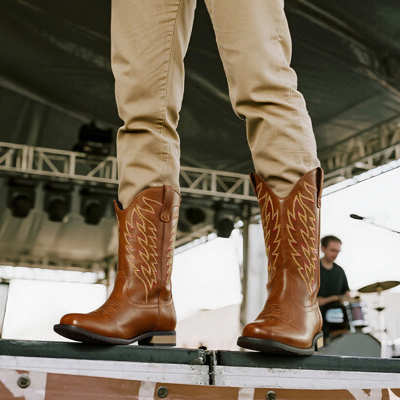 Bruno Marc Men's Slip-On Western Cowboy Boots with Chic Cloud Pattern & Orange Flame-like Toe - Non-Slip TPR/Rubber Sole, Comfortable PU Upper, Retro Square Toe - All-Terrain Riding, Masquerade & Party Boots for Men (Easy Sli