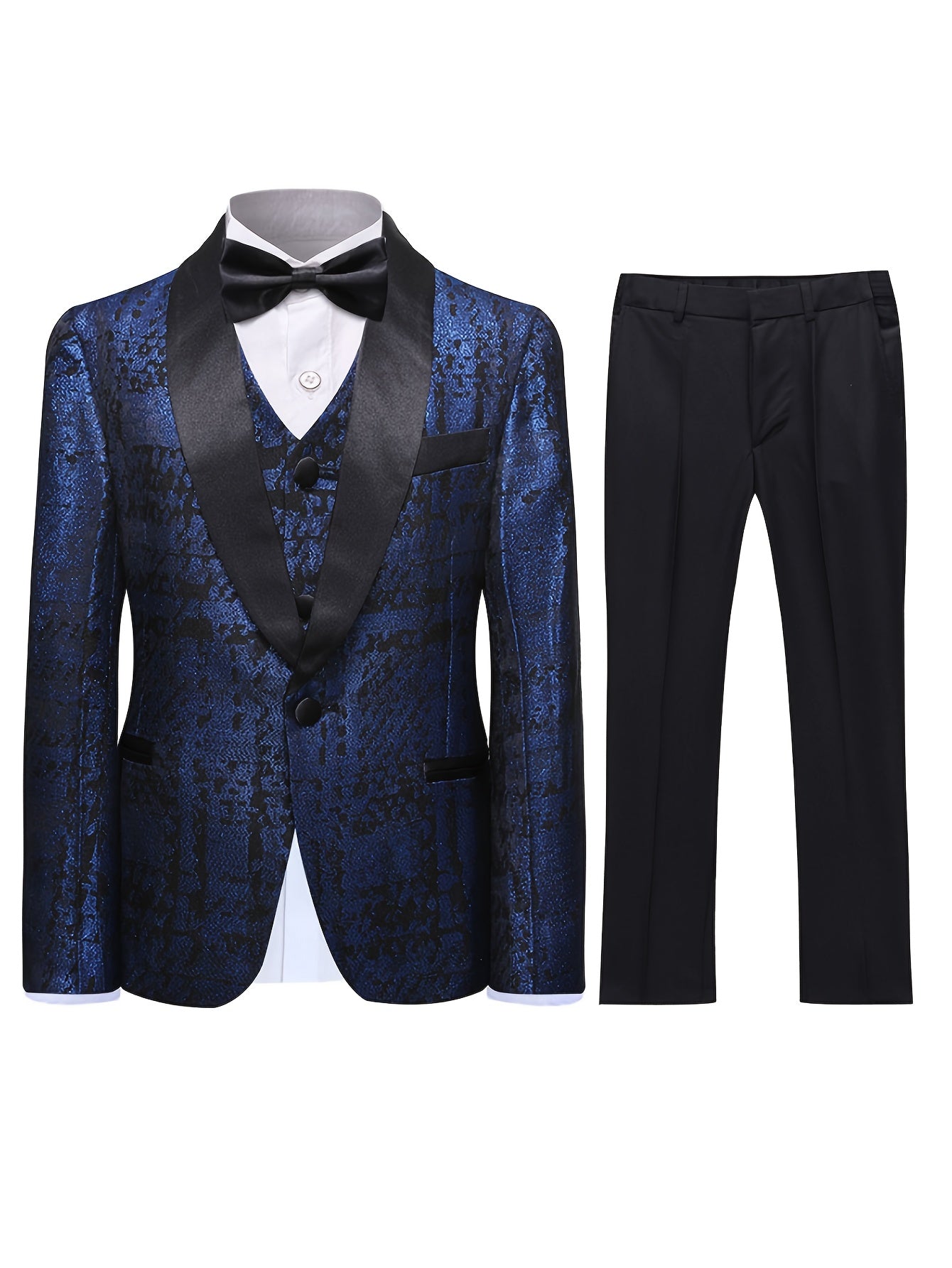 Navy Blue & Black 2025 Men's Floral Print Suit - Elegant Long Sleeve with Lapel Collar, Button-Up Blazer & Trousers for Weddings, Parties, Dates - Premium Fabric, Formal Attire, Date Night Outfit, Classic Fashion, Sophisticat