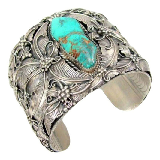 Vintage Indian Style Open Bracelet - Bohemian Elegance with Exquisite Floral Carvings, Inlaid with Imitation Turquoise, Suitable for Casual Wear Or Special Occasions, Worn All Year Round | Retro Bracelet