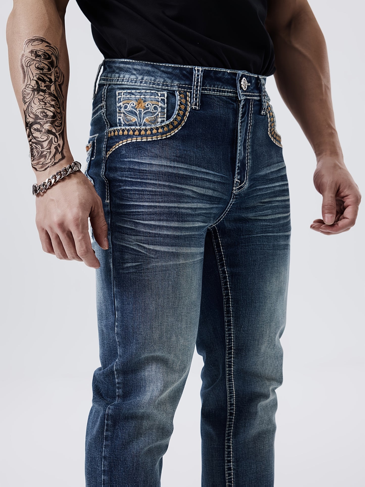 Men'S ESDVQ Embroidered Denim Jeans - Stretchy, All-Season, Casual Straight Leg Jeans With Brown Boots, Casual Attire | Embroidered Jeans | Casual Fit Jeans