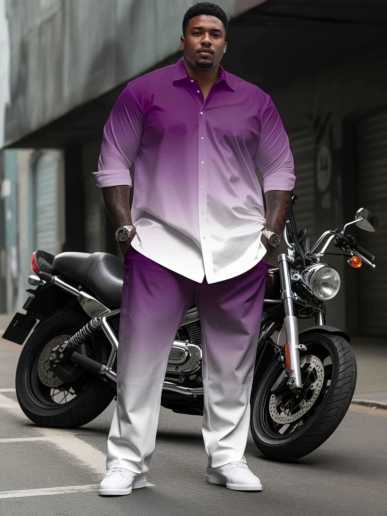 [Plus Size Suit Set] Men's Plus Size Suit - Stretch Long Sleeve Button-Up Shirt & Pants Set | Retro Geometric Check Pattern, V-Neck Lapel Design, Loose Fit for Casual & Formal Wear, Plus Size Blazers