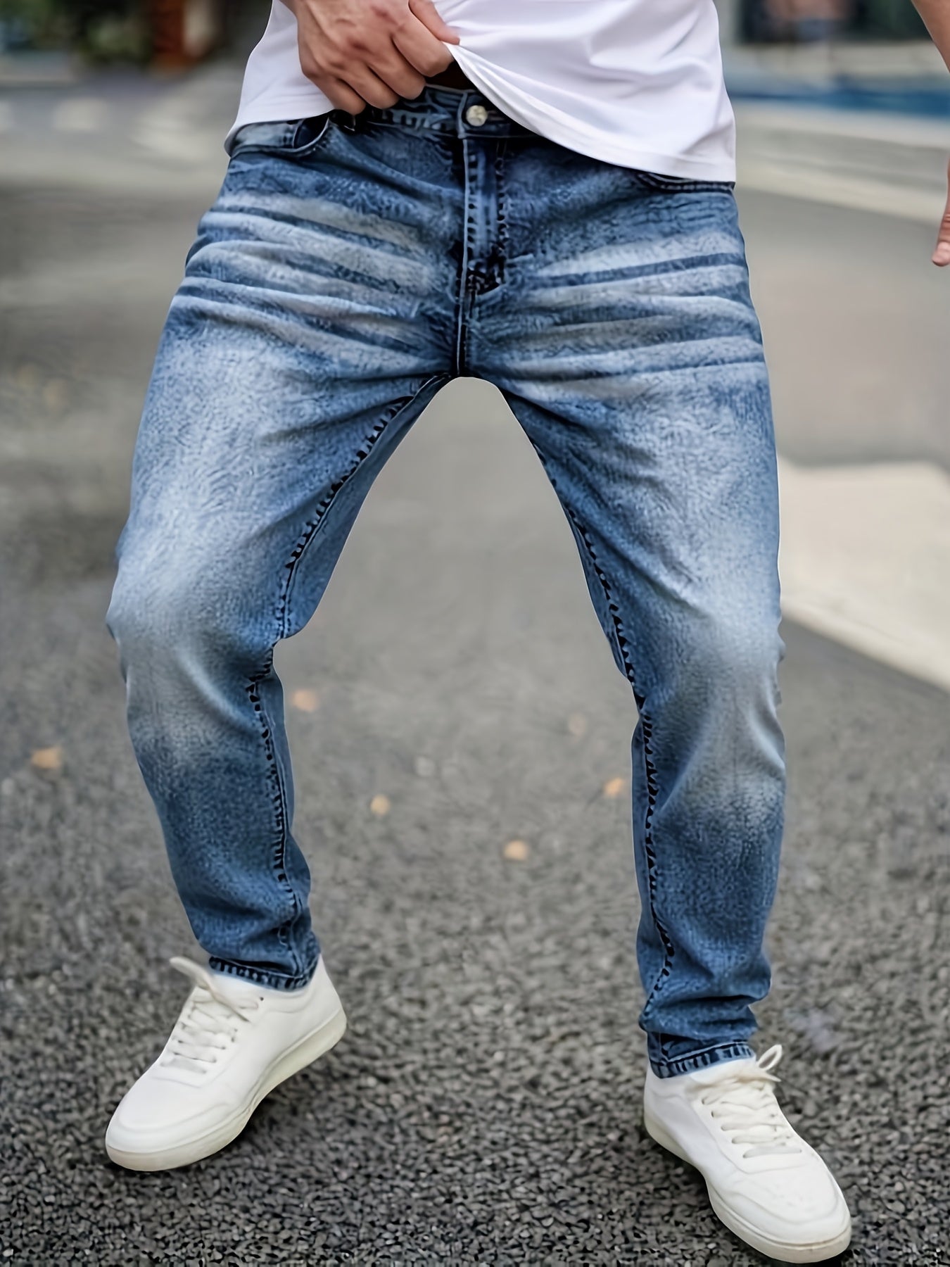 HME Men's Stretch Jeans - Skinny Fit Stretch Denim Pants with Mid-Rise Straight Leg, Vintage Washed Blue Jeans, Machine Washable Everyday Casual Pants for All Seasons (Non-See-Through), Allseason Clothing, Timeless Fivepocket