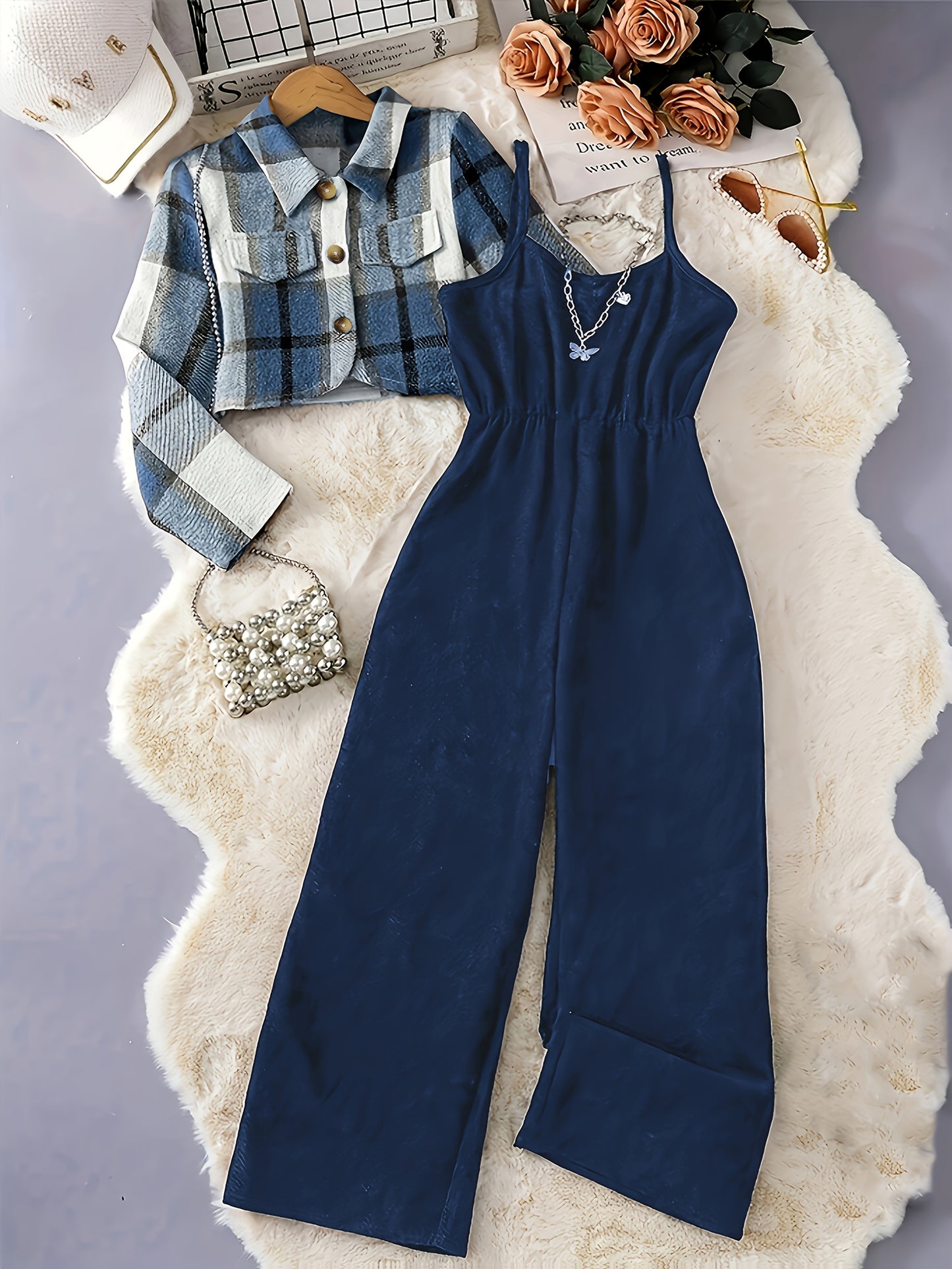 Solid Color Plaid Printed Button Top Pit Strip Suspender Leotard Set - New 25-year Elegant Vacation Style