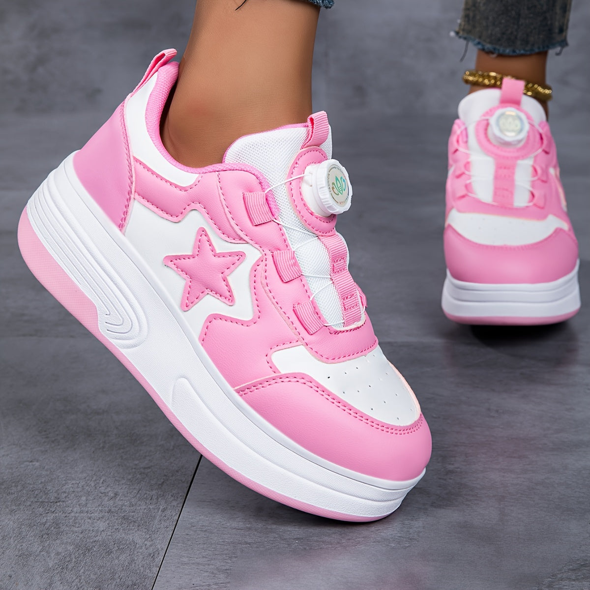 & Pink Roller Skate Sneakers with Detachable Wheels & Rotating Buckle Closure - All-Season Comfort, Star Pattern Design, Low-Top TPR Sole & EVA Cushioning - Durable -like Upper for Training, Sports, Outdoor Play - Ideal Birth