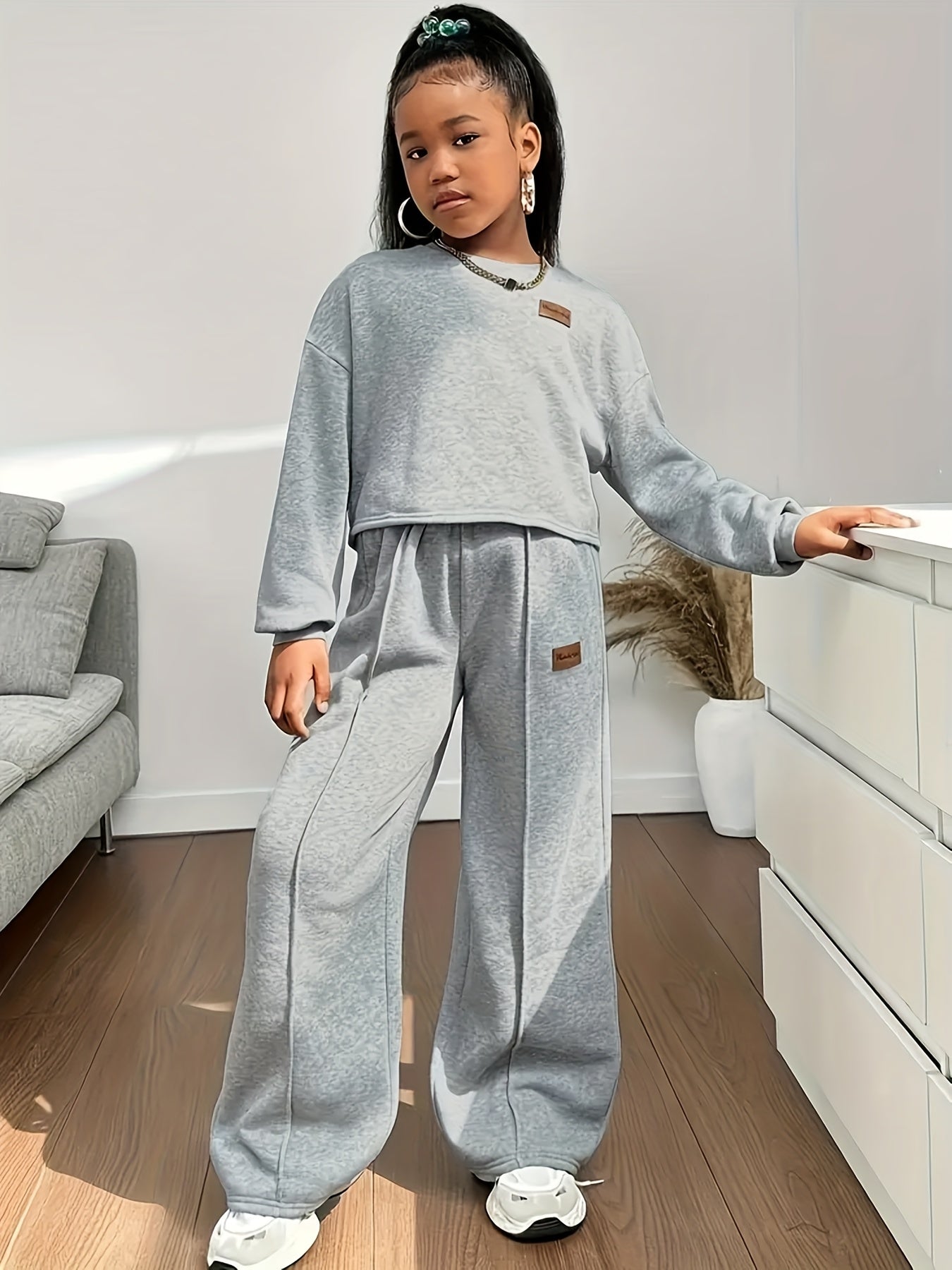 [Oversized] Girls' 2pcs Long Sleeve T-Shirt & Pants Set - Oversized Casual Outfit with Letter Print, Elastic Waist Pants, Round Neck Blouse, Machine Washable Spring/Fall Clothes for, Playdates & Casual Attire ( to), Perfect f