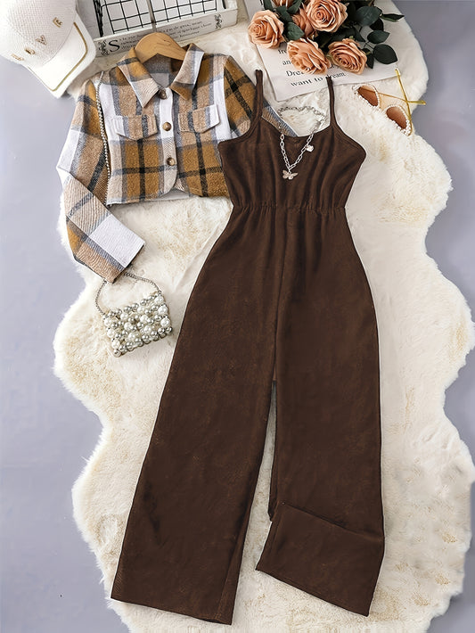 [Elegant Vacation Set] Elegant Plaid Printed Button Top & Solid Color Ribbed Camisole Jumpsuit Set | 2025 New Vacation Style