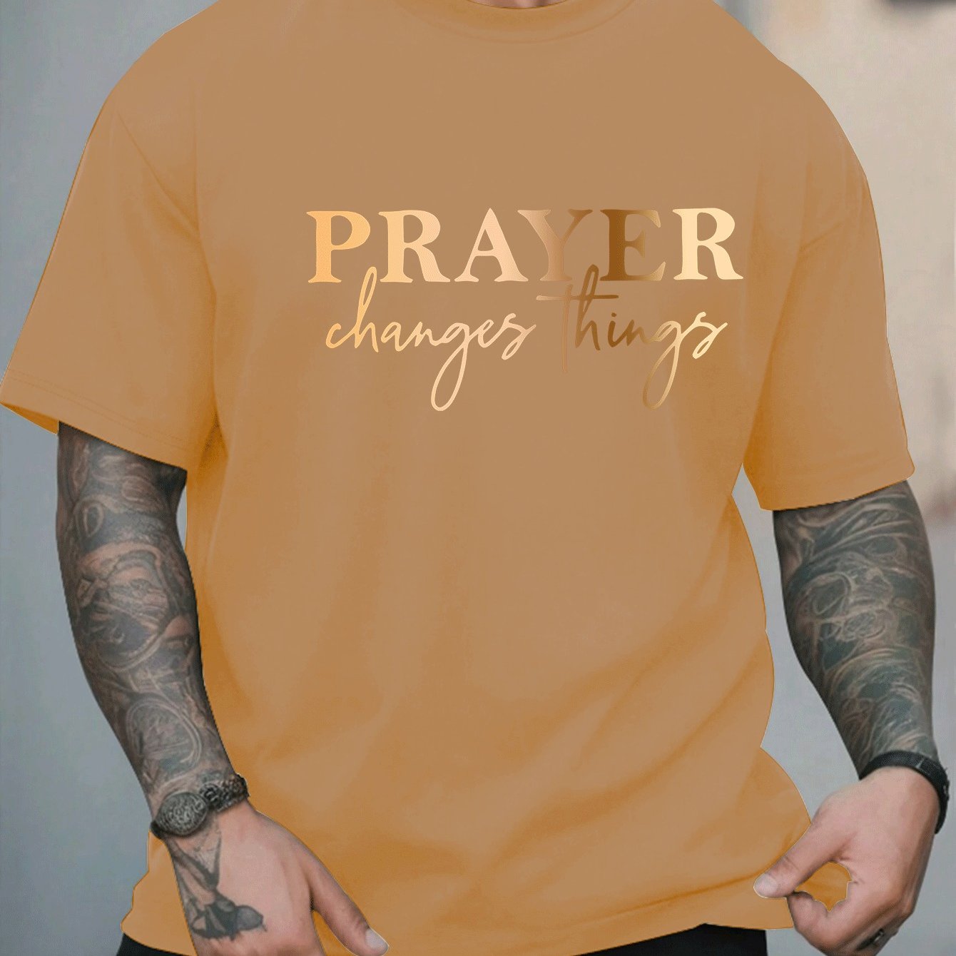 [Summer Fashion, Prayer Quote T-Shirt] Plus Size Men's Casual T-Shirt - "Prayer Changes Things" Quote, Geometric Pattern, Round Neck, Short Sleeve, Summer Fashion - Polyester Knit Fabric Top