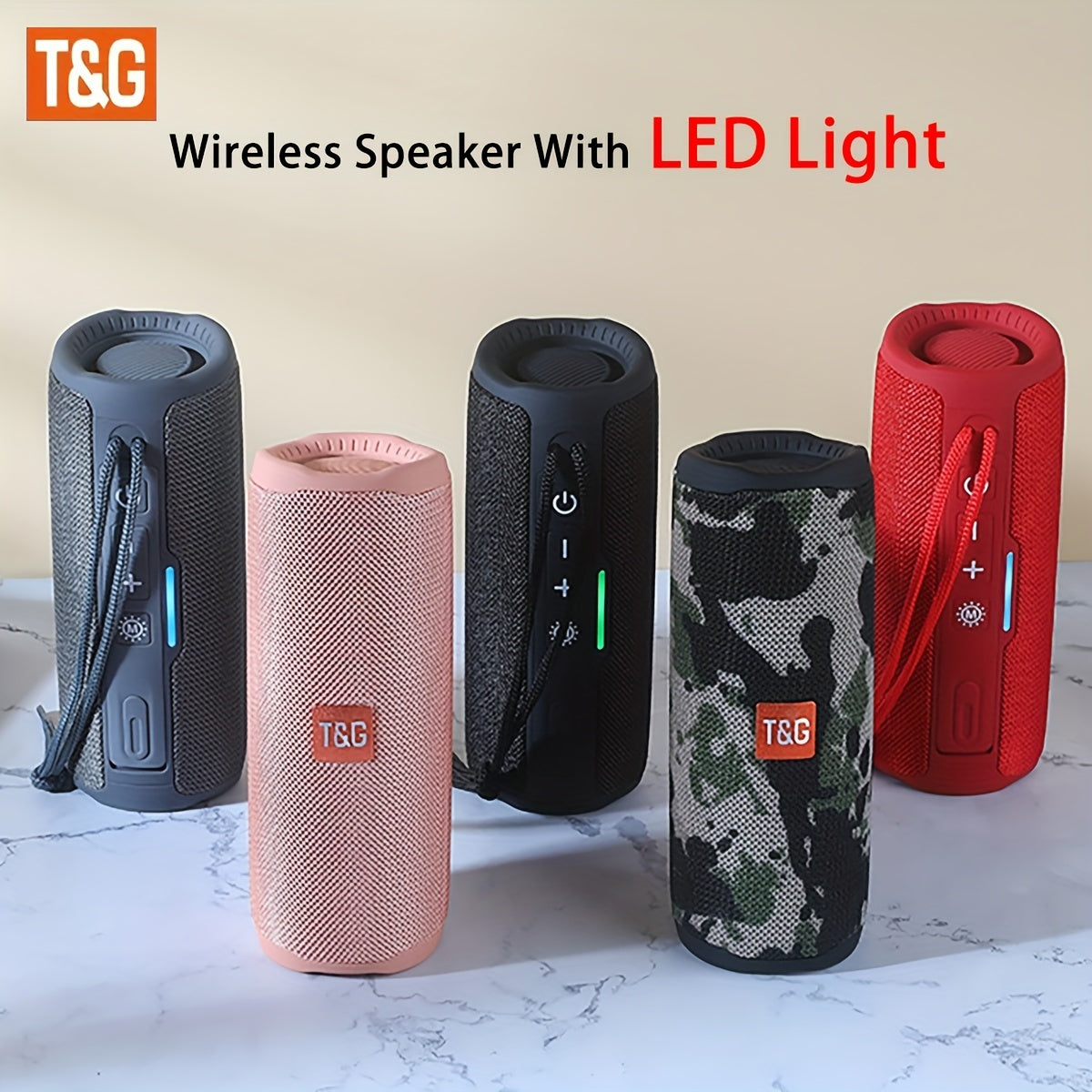 Wireless Speaker with LED Lights T&G365, Portable Wireless Speaker, Built-in Mic, Powerful Stereo Sound, Supports Line Input & Micro SD/TF Card, Compatible for PCs and Mobile Phones