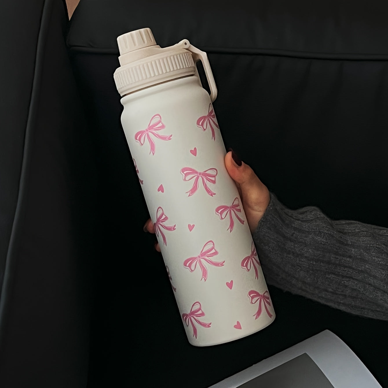 1pc 600ml/800ml/1000ml Pink ins style large bow double-layer stainless steel thermal cup, straight drinking mouth large capacity water bottle, outdoor sports kettle, flat bottom cup, water cup, teapot, tea cup, fitness exerci