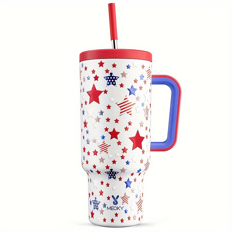 [American Flag Vacuum Mug] 1pc Stainless Steel American Flag Vacuum Insulated Travel Mug - With Handle, Lid, and Straw - For Independence Day & Memorial Day