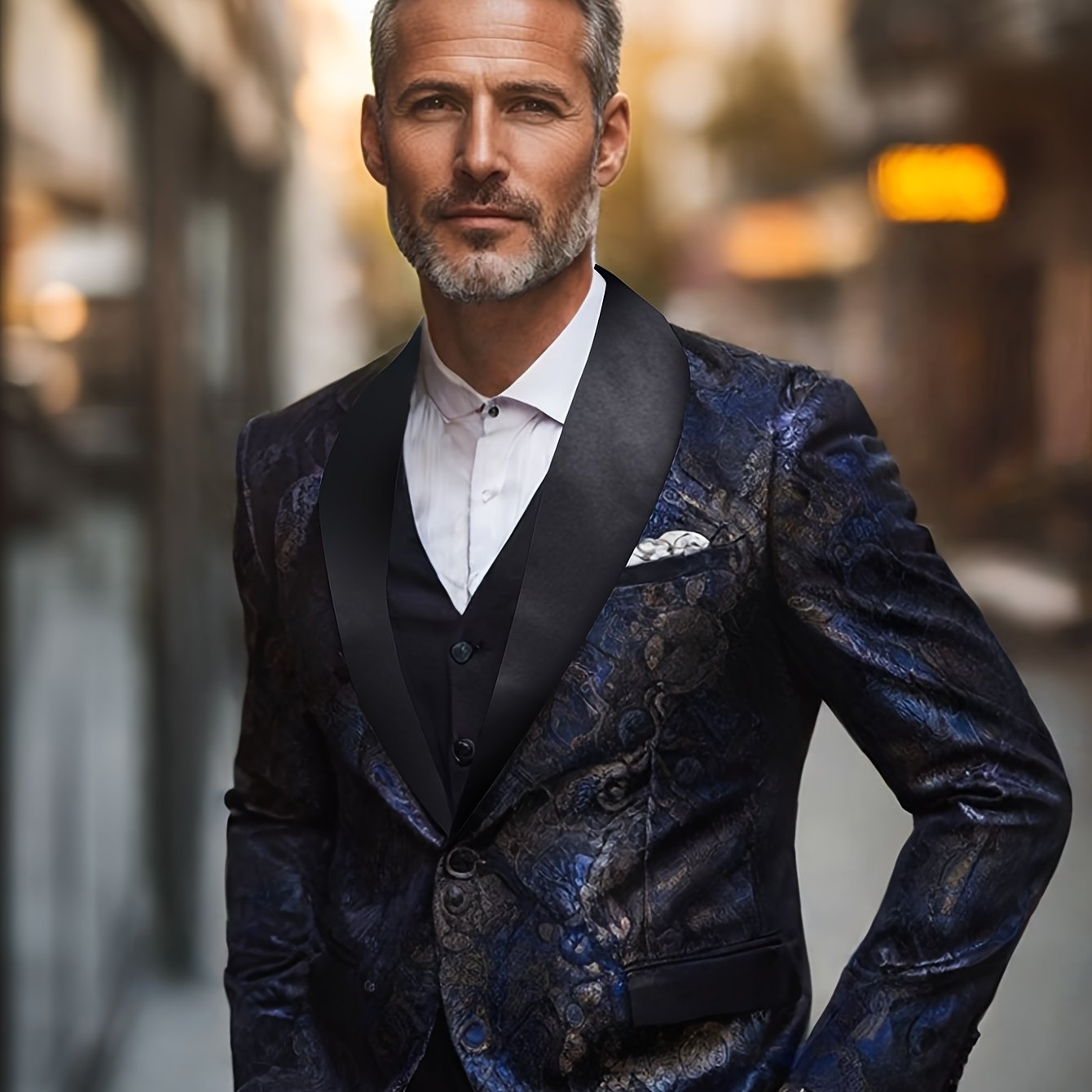 Navy Blue & Black 2025 Men's Floral Print Suit - Elegant Long Sleeve with Lapel Collar, Button-Up Blazer & Trousers for Weddings, Parties, Dates - Premium Fabric, Formal Attire, Date Night Outfit, Classic Fashion, Sophisticat