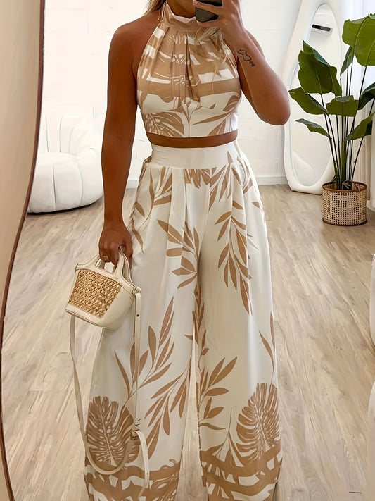 Women's Tropical Print Halter Neck Crop Top & Wide-Leg Pants Set - Backless, Polyester Blend, Vacation Style, Perfect for Spring/Summer