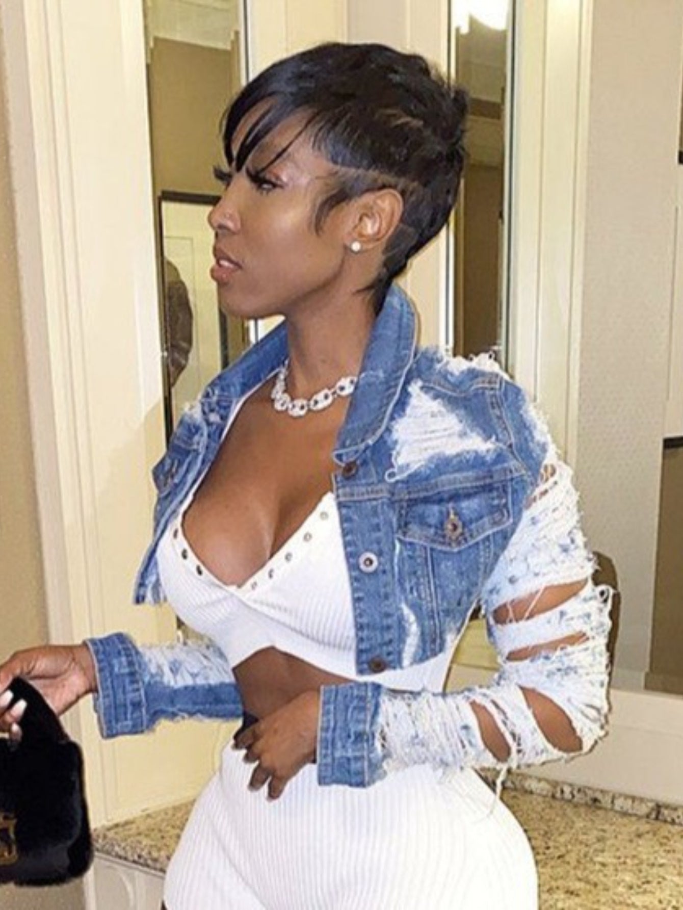 's Sexy Short Denim Jacket - Collar & Single-Breasted Mini Coat with Belt-like Waist, Short Length (Below Hip) - Machine Washable Winter Cardigan for Casual & Formal Outfits - Elegant Denim Outerwear