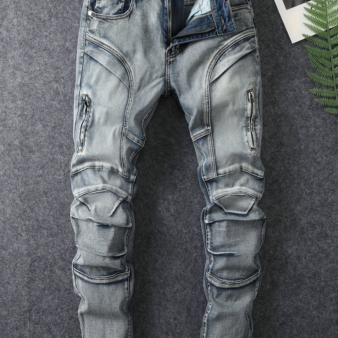 Men's Slim Fit Stretch Jeans - Washed, Bleached, Distressed, Panelled Design, Stylish Workwear, Practical And Wearable, Machine Washable All-season Jeans