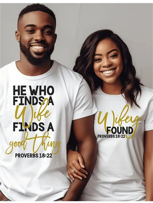 1pc Matching Couples Shirts - "He Who Finds" Anniversary Tee, 180g Cotton, Round Neck, Geometric Pattern, Casual Style