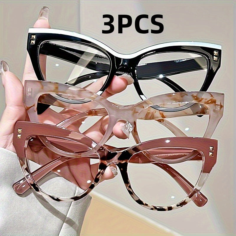 3pcs Elegant Cat-Eye Reading Glasses with Metal Hinge - Minimalist Color Block Design, High-Definition Anti-Blue Light, 1, 0 to 4, 0 Magnification, Fashionable Presbyopia Eye Frame for Women, Stylish & Functional Eyewear