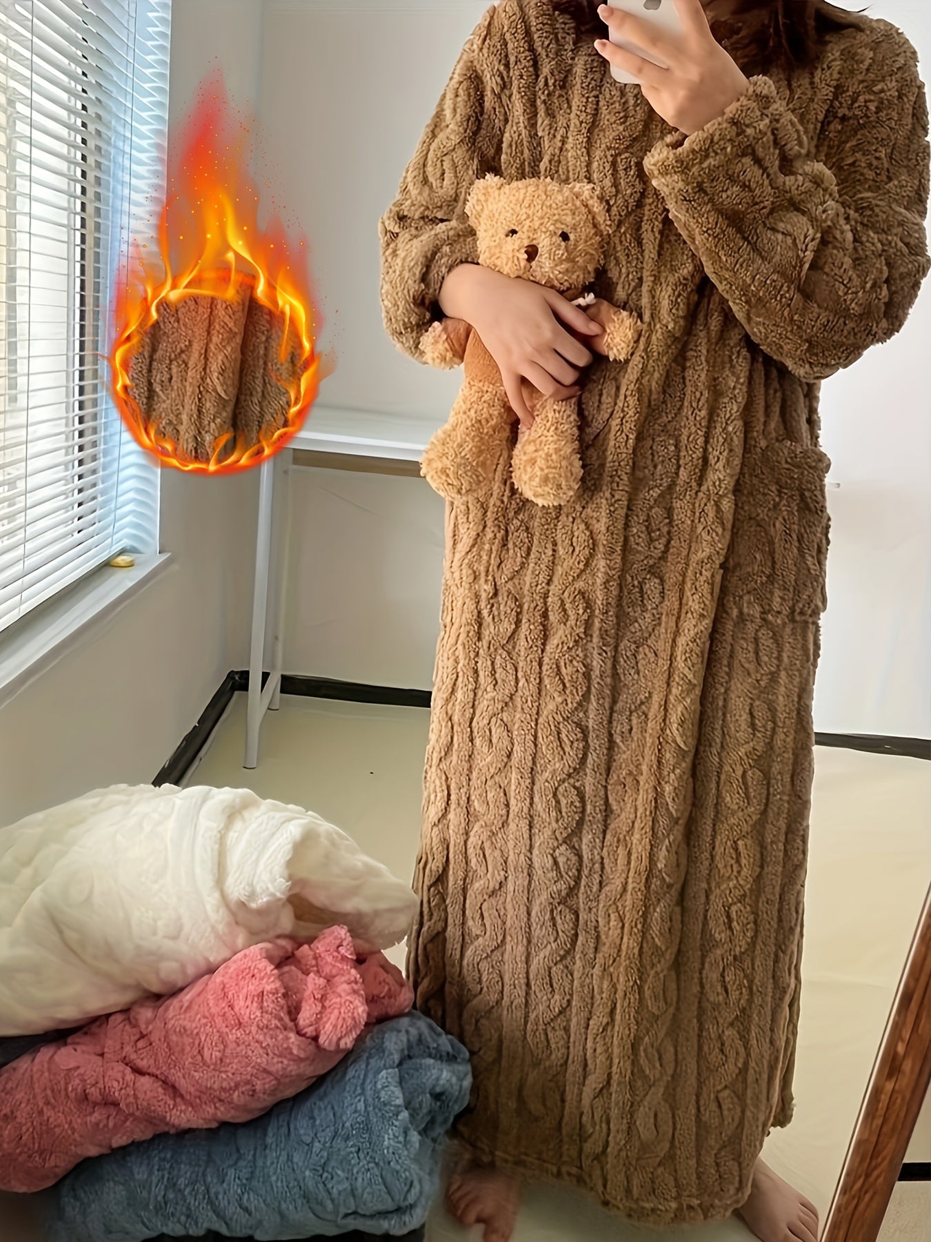 [Ultra-Soft Sleeprobe] Ultra-Soft Women's Heavy-Duty Coral Fleece Sleeprobe | Long Robe with Pockets, Non-Sheer Winter Nightgown for Cold Weather, Machine Washable Loungewear for Home, Spa, Lounge - Plush Robe, Cozy Home Atti