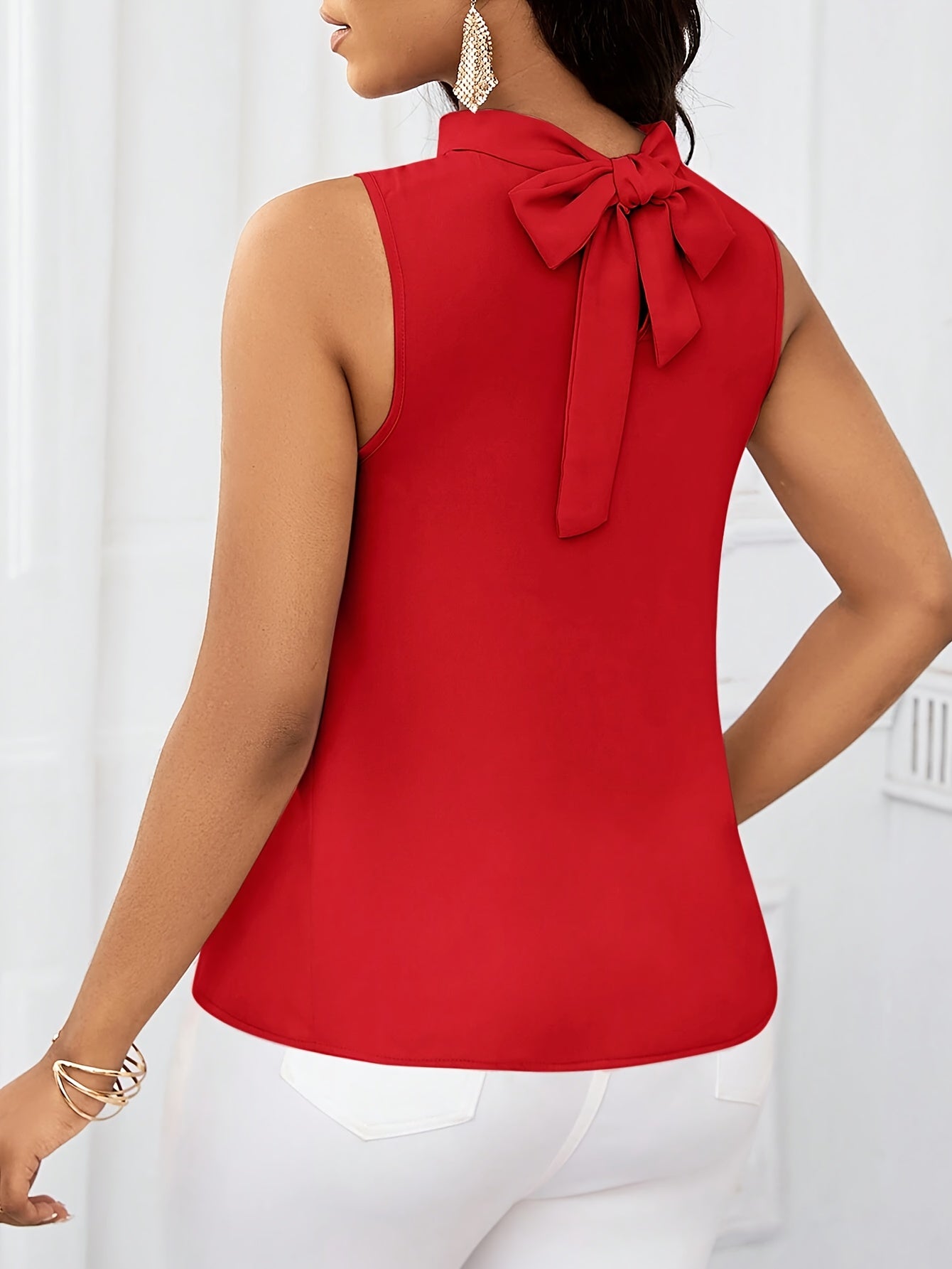 100% Polyester Solid Color High Neck Sleeveless Top - Lace-Up Detail, Woven Fabric, 120g/m², Regular Length, All-Season Wear