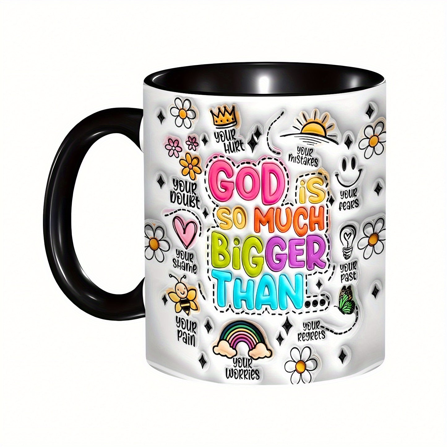 11oz Inspirational Ceramic Coffee Mug with "God Is Much Bigger Than" Message - Floral & Rainbow Design, Uplifting Christian Gift for Birthdays, Valentine's Day, Office Use - Durable C-Handle for Hot Beverages, Coffee Bar Acce