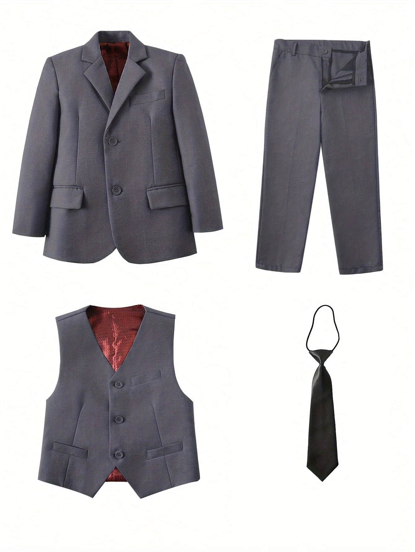 Mosedou Boys 4pcs Suit Set Blazer&Waistcoat&Pants&Tie 2-16Yrs Kids Formal Wear British Style Wedding & School Outfit Boys' Suits 4pcs Sets Teens Formal Suits for Vest&Tie Wedding Flower Boy Attire