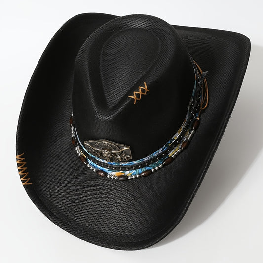 Men'S Western Cowboy Hat - Black Wide Brim with Blue & White Floral Embroidery, Copper Bull Head Metal Belt Buckle, Lightweight Fitted Design for Outdoor, Parties, Performances - All-Season Versatile Cowboy Hat, Cowboy Hat