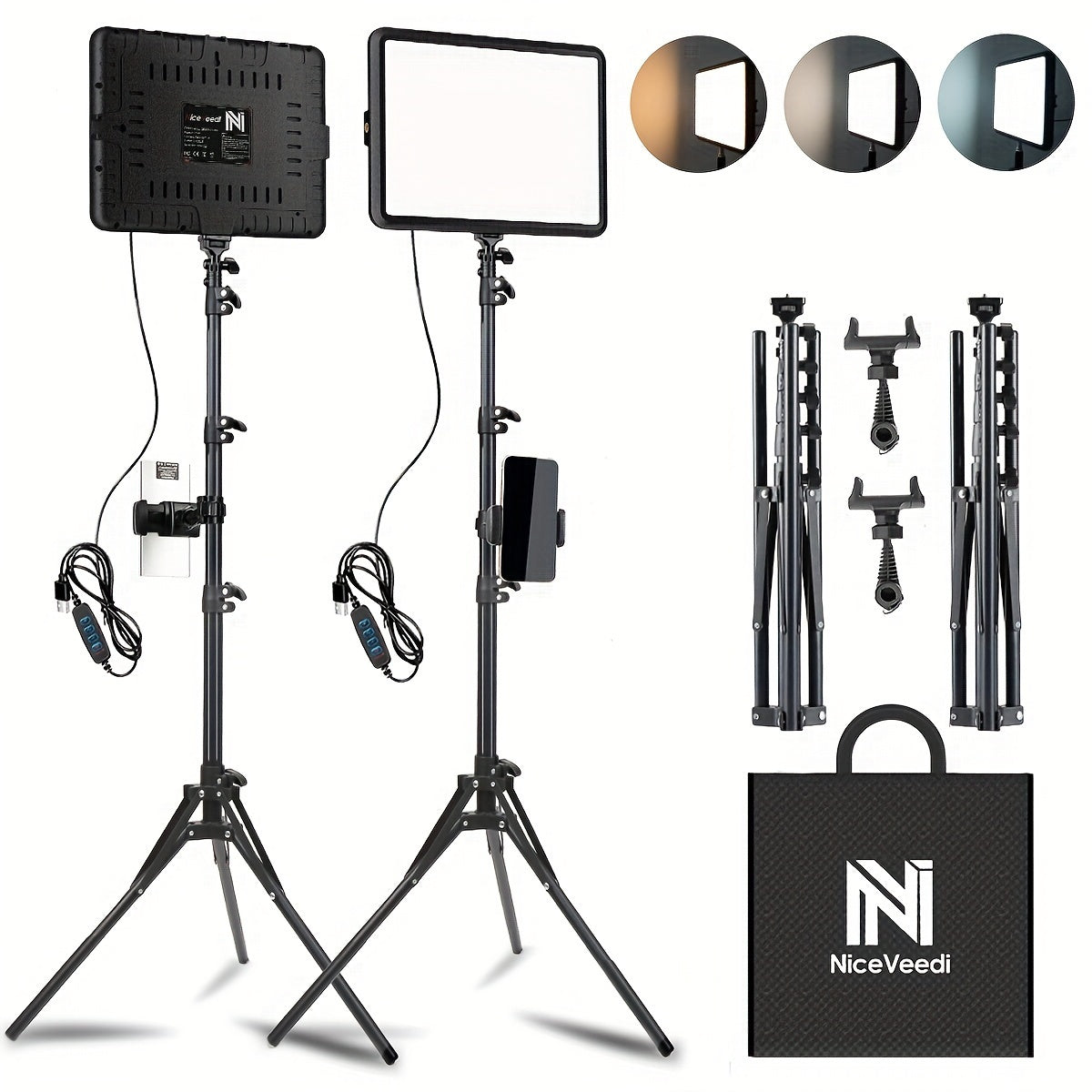 NiceVeedi 2-Pack LED Video Kit Studio Light Photography Lighting Kit With Tripod Stand&Phone Holder 2800-6500K For Video Recording, Game Streaming, YouTube Dimmable, Vlogging Light