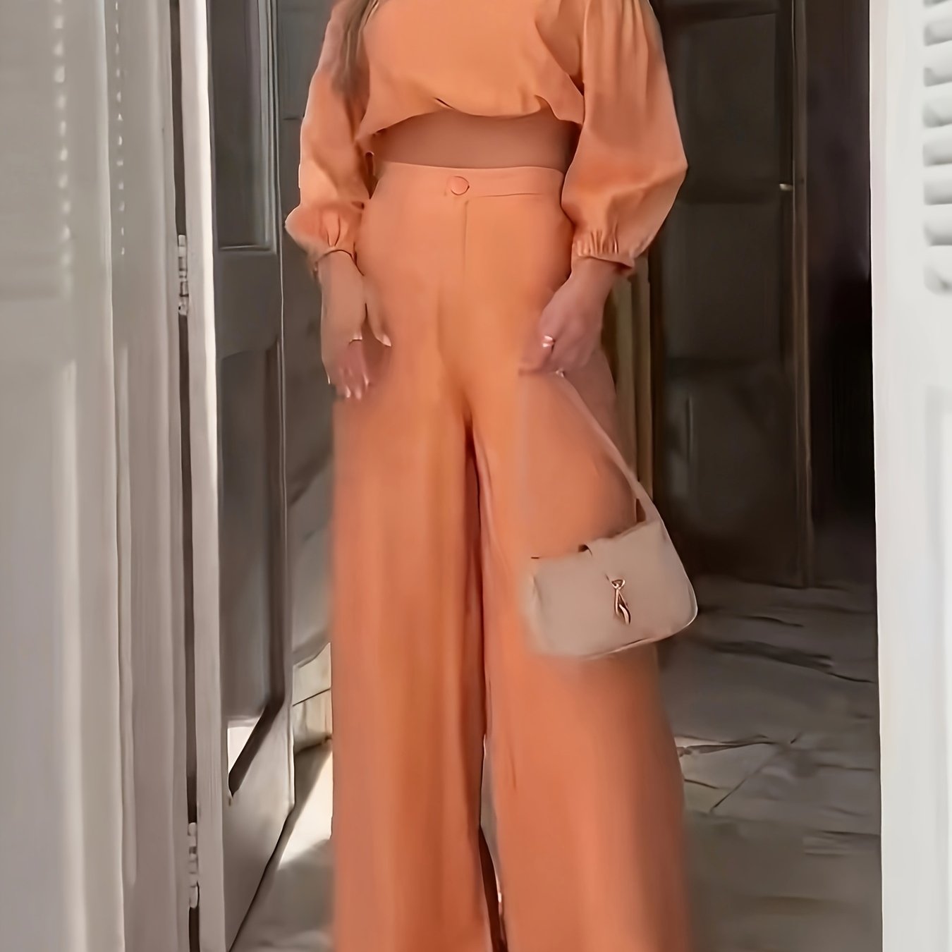 European and American Style Spring/Autumn One-Shoulder Short Top High-Waisted Wide Leg Pants Set Casual Fashion Two-Piece