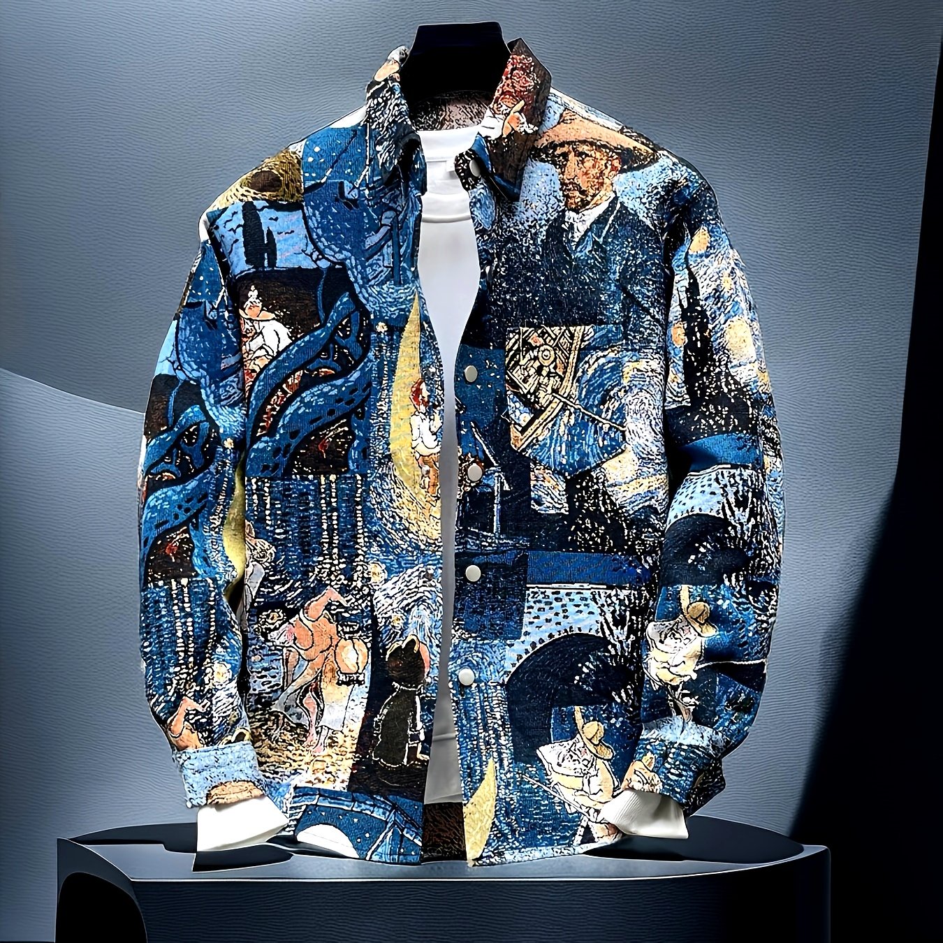 Men's slim-fit long-sleeve shirt - Van Gogh-inspired art buttons top, suitable for both formal and casual wear, machine washable polyester suit alternative - an ideal gift for art enthusiasts, street-style fashion outfit, ver