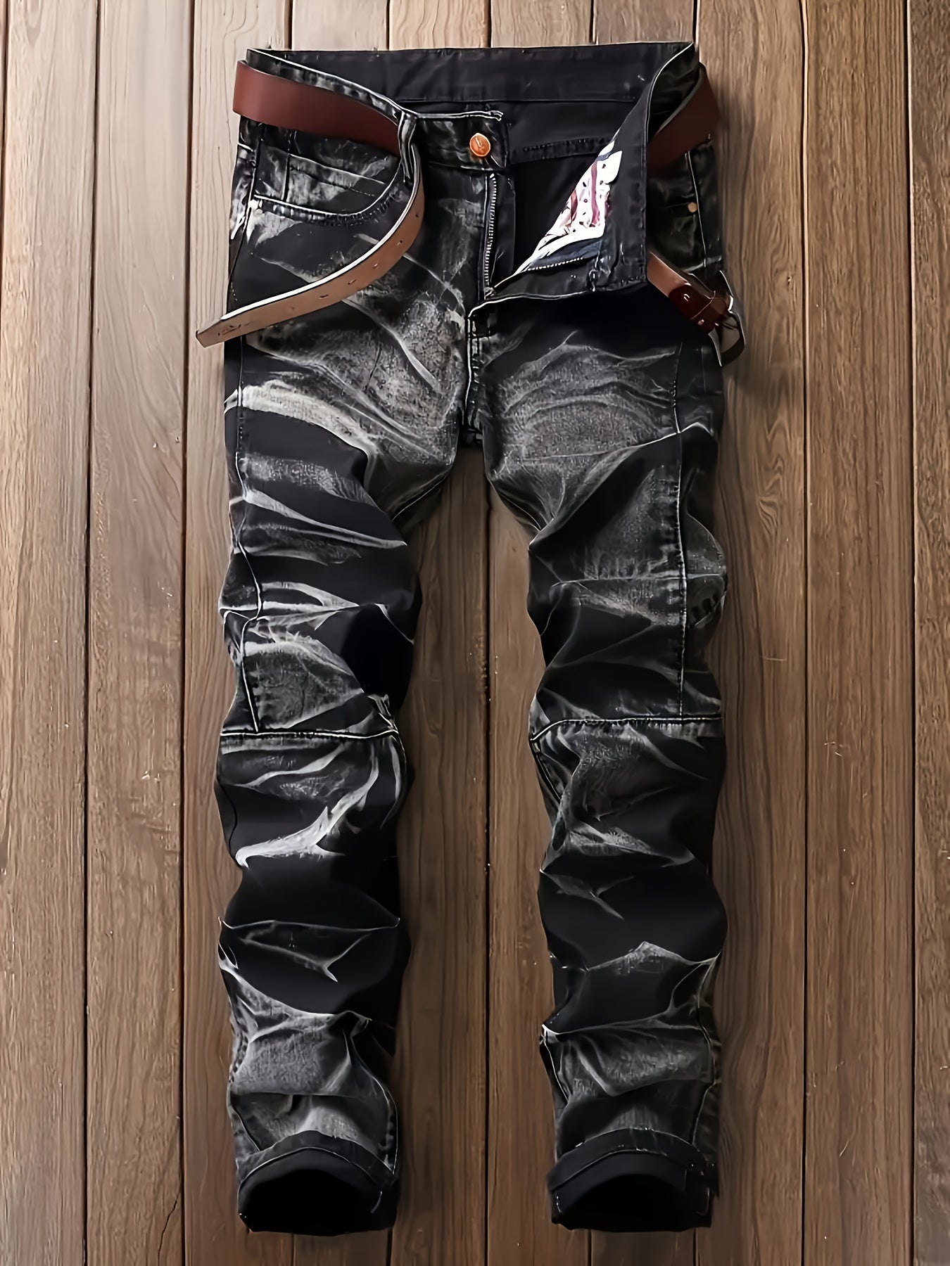 HME Men's Stretch Jeans - Mid-Rise Slim Straight Leg with Tie-Dye Black/White Pattern, Built-in YKK Zipper Closure, Machine Washable Denim Pants for Everyday & Formal Wear - Streetwear Essentials, Versatile Clothing, Vintage