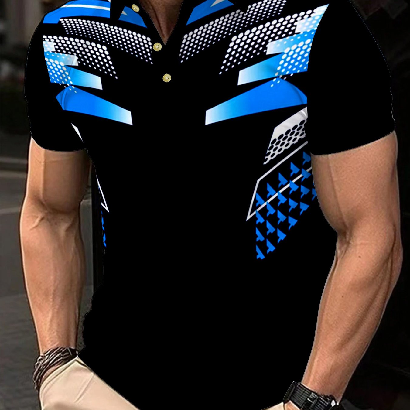 Men's Lightweight Breathable Sporty Motorcycle-Inspired Geometric Print Shirt - 100% Polyester Regular Fit Short Sleeve, Black with Blue Accents for Golf, Tennis, Casual Outings & Daily Wear | Summer Activewear, Tennis Appare