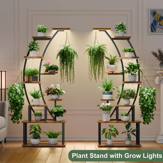 [Indoor Plant Stand] 2pcs Brown 9 Tiered Metal Corner Plant Stand Indoor with Grow Lights, 63" Tall Large Ladder Plant Rack Display Shelves, Corner Plant Holder Suitable for Living Room, Patio, Balcony, Corridors