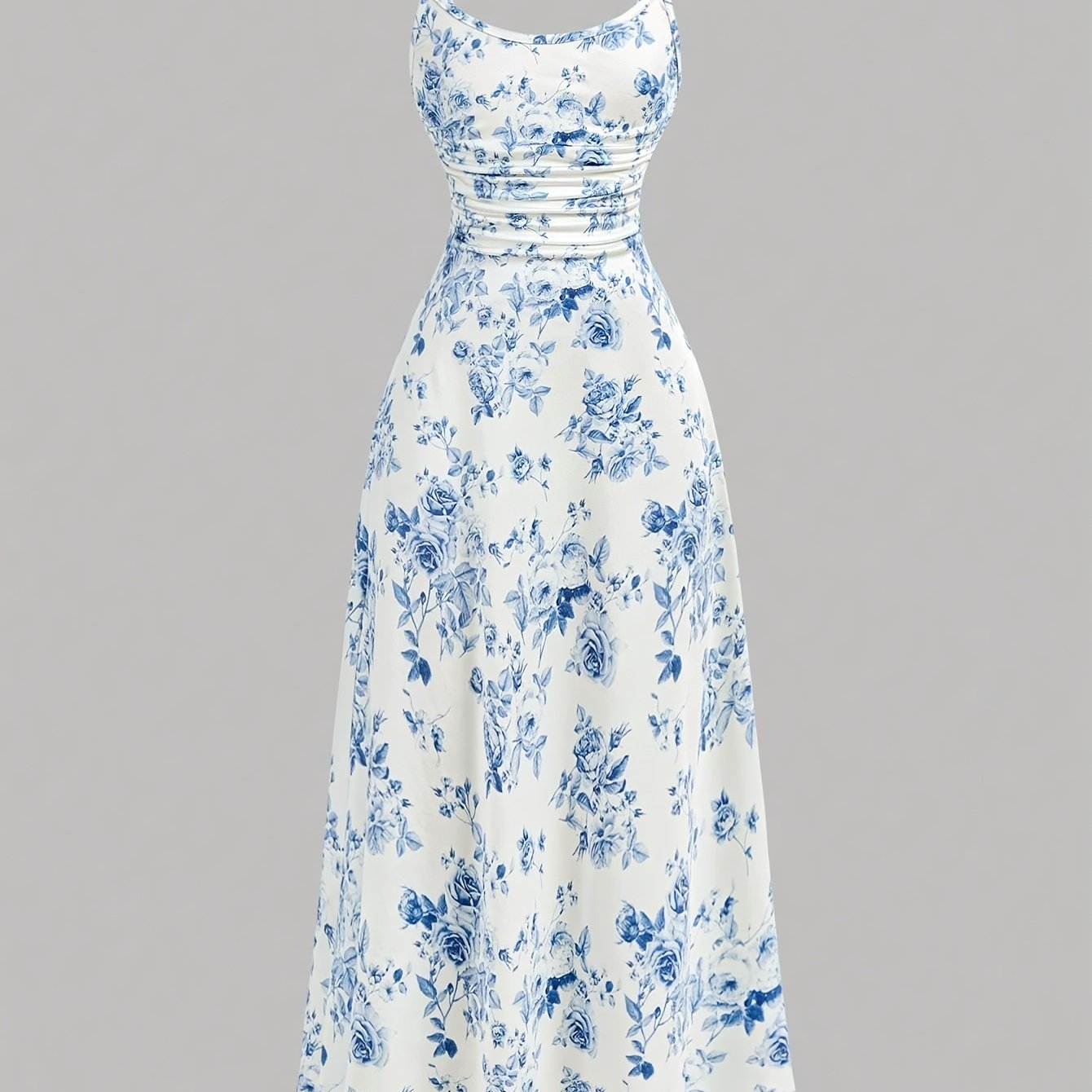 Elegant Floral Print Sleeveless Maxi Dress - Waist, Ruched Detail, Light Blue & White Floral Pattern, Perfect for Summer, Adult Women'S Fashion, Sleeveless Dress|Floral Print Dress|Ruched Detail
