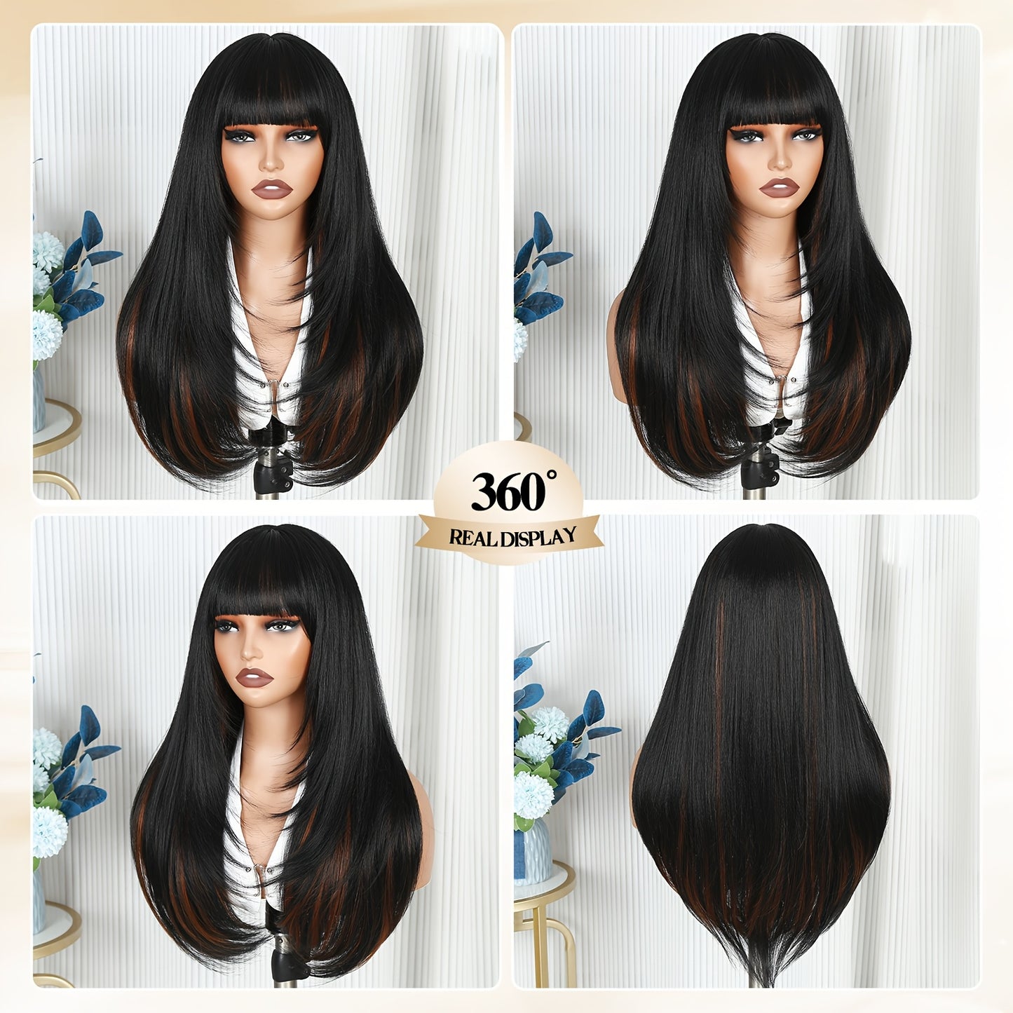 Long Straight Layered Wig with Bangs Glueless Natural Black Synthetic Bangs Wig 26 Inch Put On and Go Wigs High Temperature Fiber Pixie Cut Layered Wig for Women Daily Use