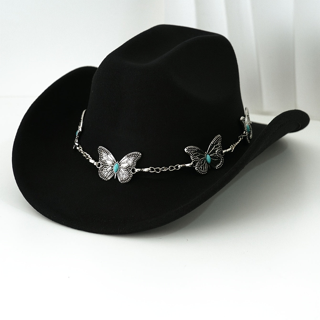 [Western Cowgirl Hat] 1pc Western Cowgirl Hat | Lightweight, Polyester, Woven, Fedora Style with Silvery Metal Butterfly, Ideal for Western Themed Events & Grassland Music Festivals