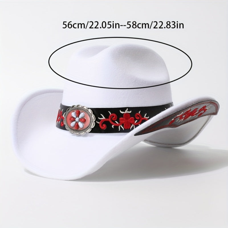 [Western Tweed Fedora Hat] Western Ethnic Style Tweed Fedora Hat for Men and Women | Large Brim Embroidered Cowboy Hat with Gemstone Decoration for Music Party Dance Costume